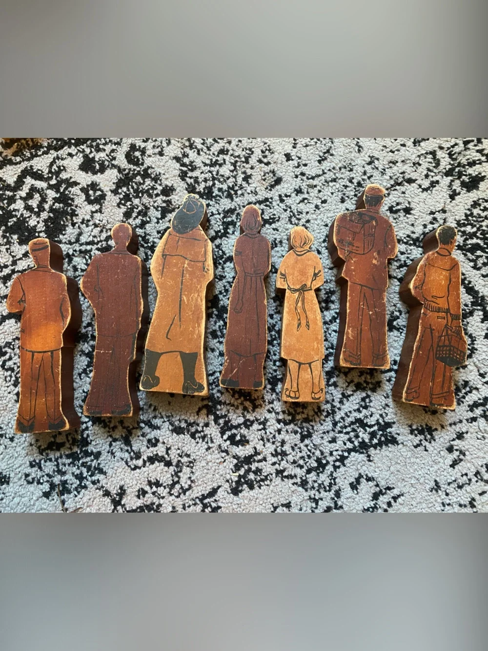 Vintage Wooden Figure Set - Brown Character Building Blocks